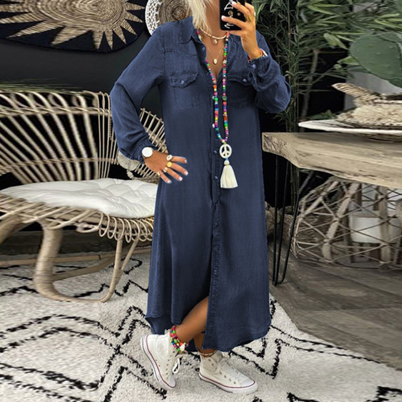 Lina™ - Long-Sleeved Denim Maxi Dress