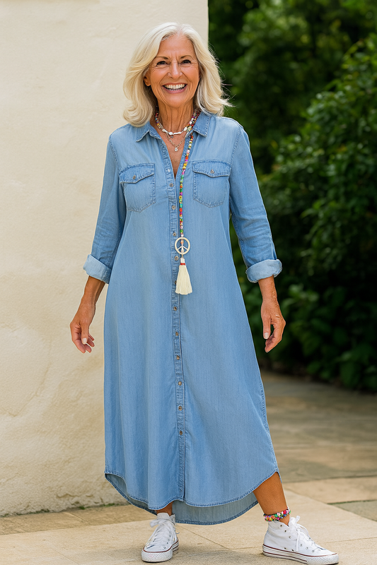 Lina™ - Long-Sleeved Denim Maxi Dress