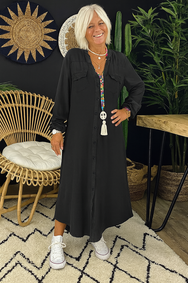 Lina™ - Long-Sleeved Denim Maxi Dress