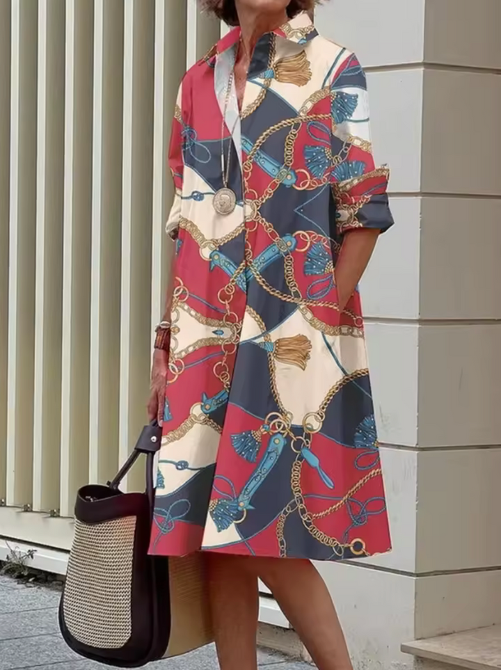 Celeste™ | Stylish Blue Geometric Stripe Midi Dress