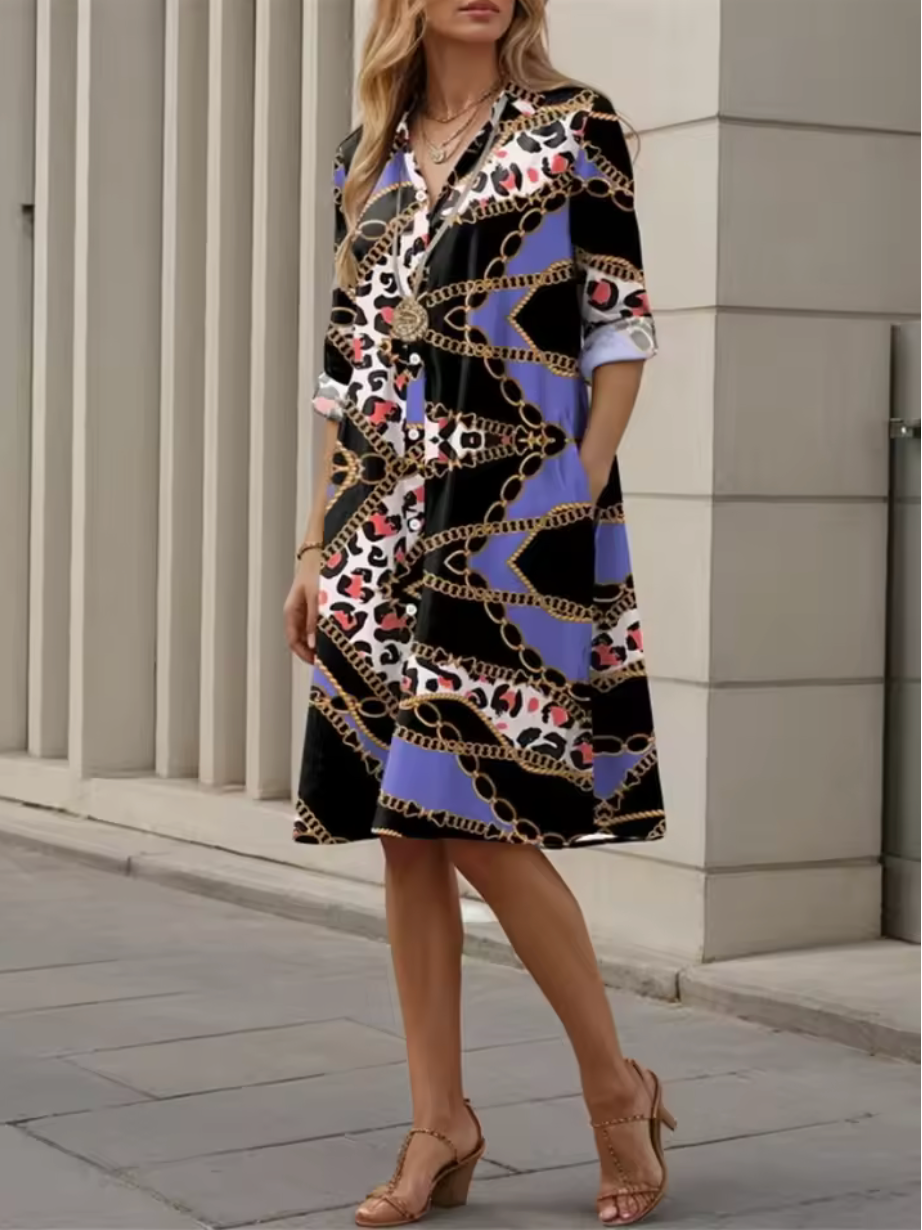 Celeste™ | Stylish Blue Geometric Stripe Midi Dress