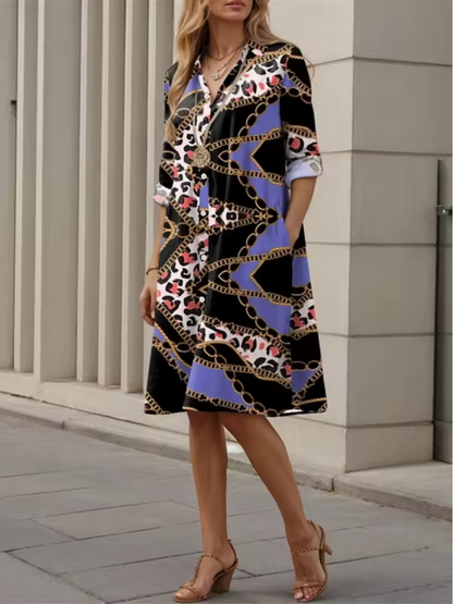 Celeste™ | Stylish Blue Geometric Stripe Midi Dress