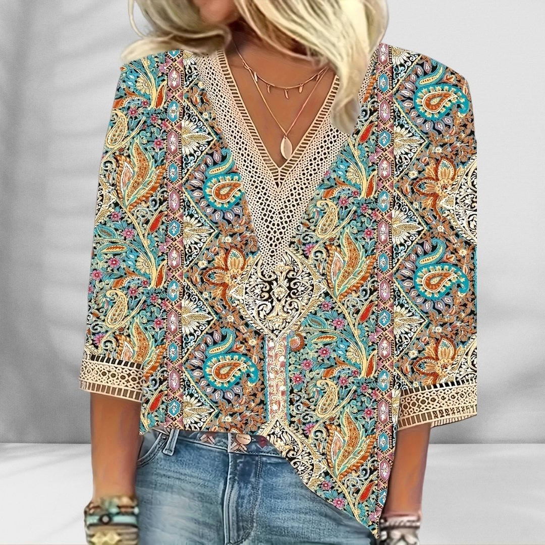 Amelina™ - Boho Blouse With Floral Patterns And Long Sleeves