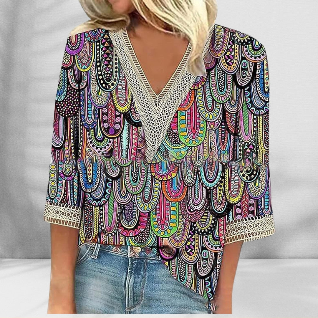 Amelina™ - Boho Blouse With Floral Patterns And Long Sleeves