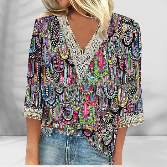 Amelina™ - Boho Blouse With Floral Patterns And Long Sleeves
