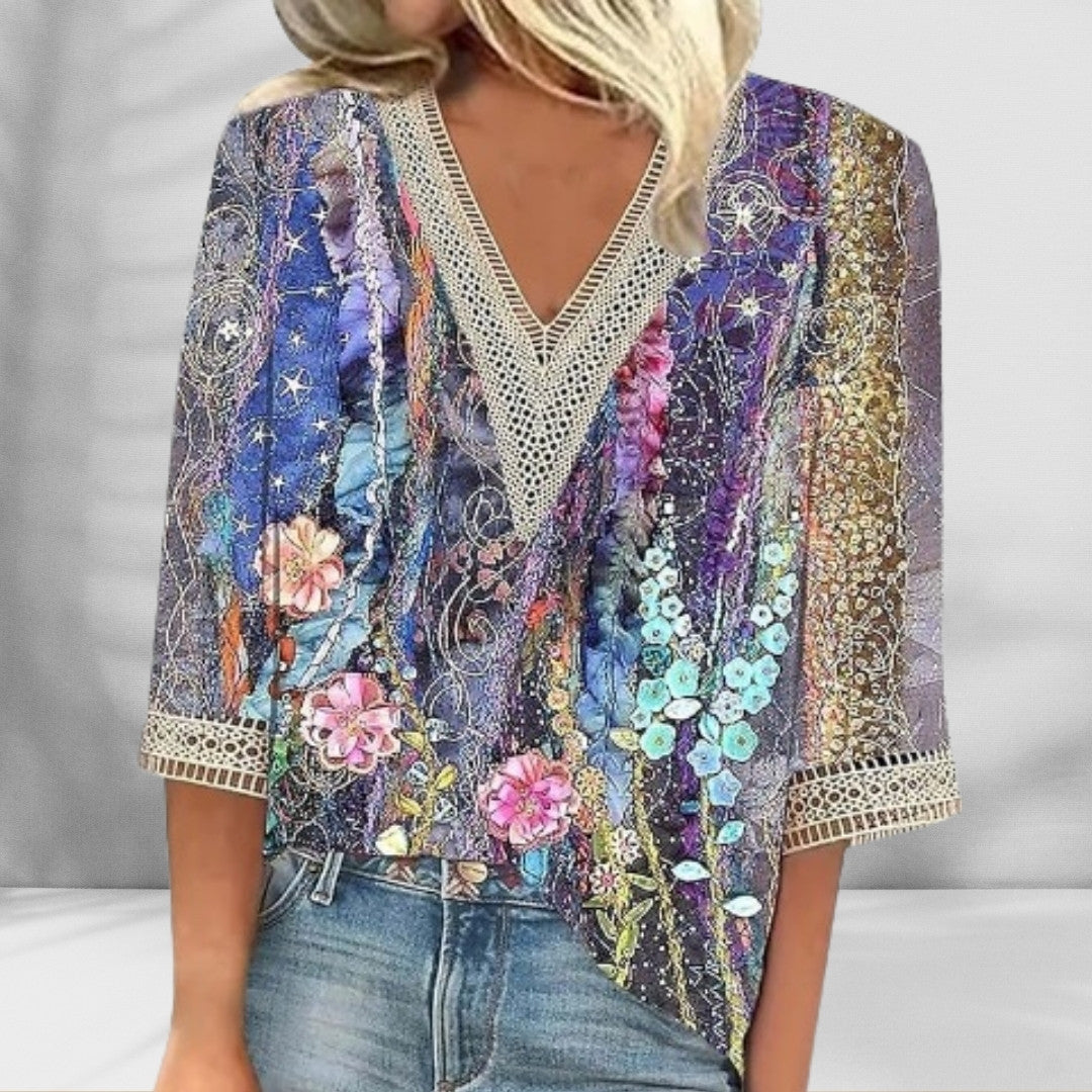 Amelina™ - Boho Blouse With Floral Patterns And Long Sleeves