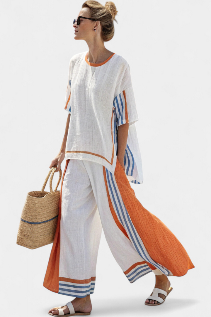 Elena  - Ethnic Bamboo Linen Set with Stripes and Wide Cut